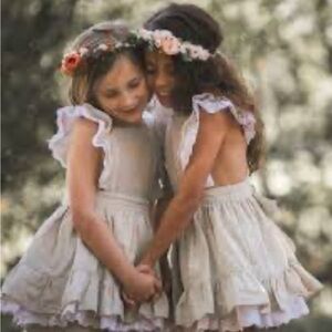 Well Dressed Wolf  Beige Ruffle Apron Dress with Eyelet Trim